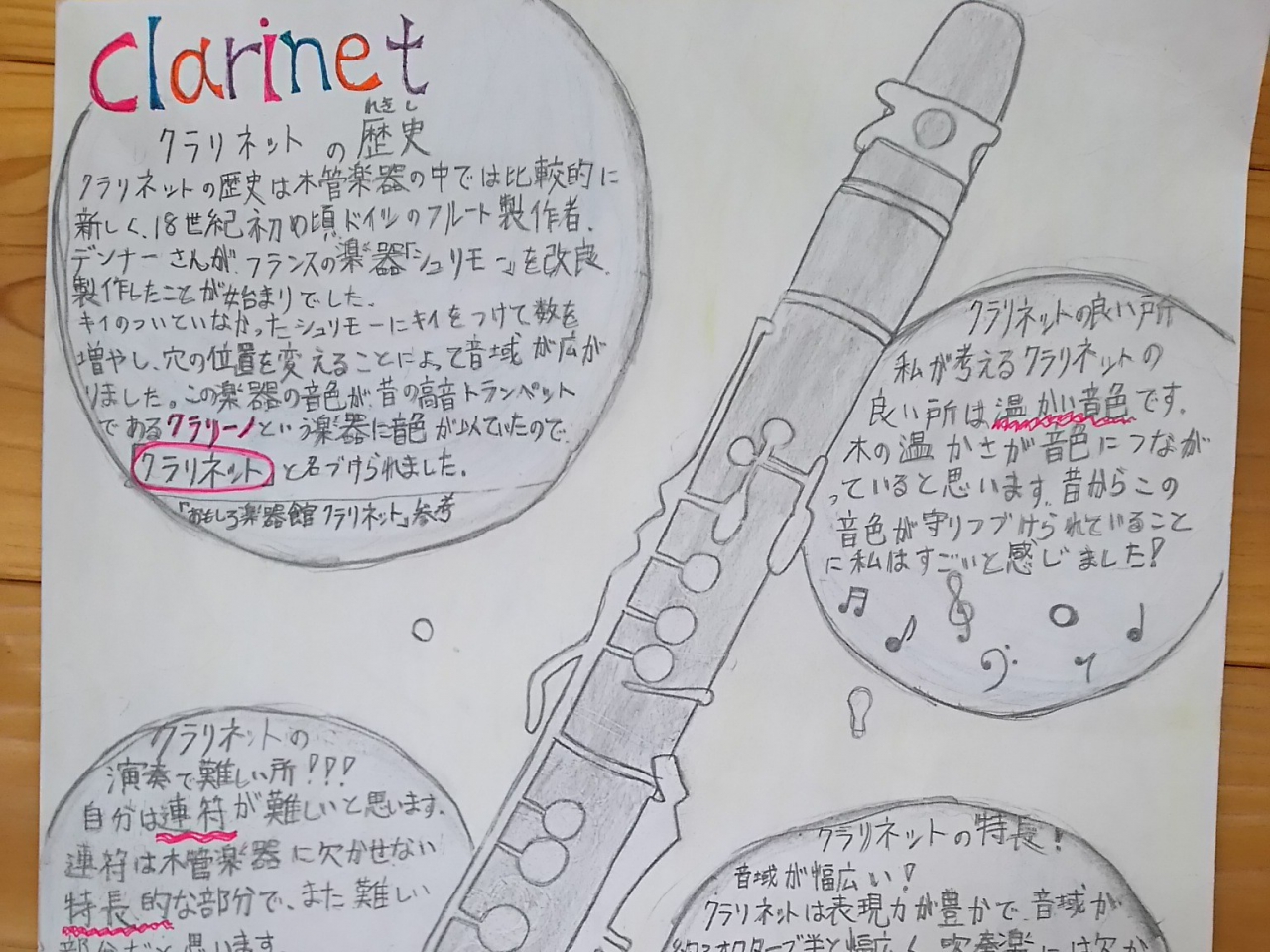 小学生が書いた手書きのクラリネットの説明